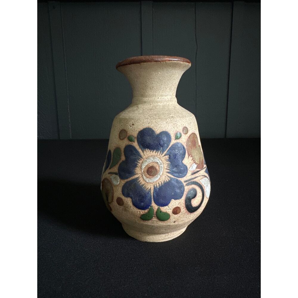 Vintage Mexican Tonala Sandstone Bud Vase Hand Painted Floral Folk Art Pottery